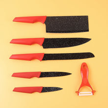 Kitchen Knife Set with Marble-Coated Blades & Red Handles (6 Pc)